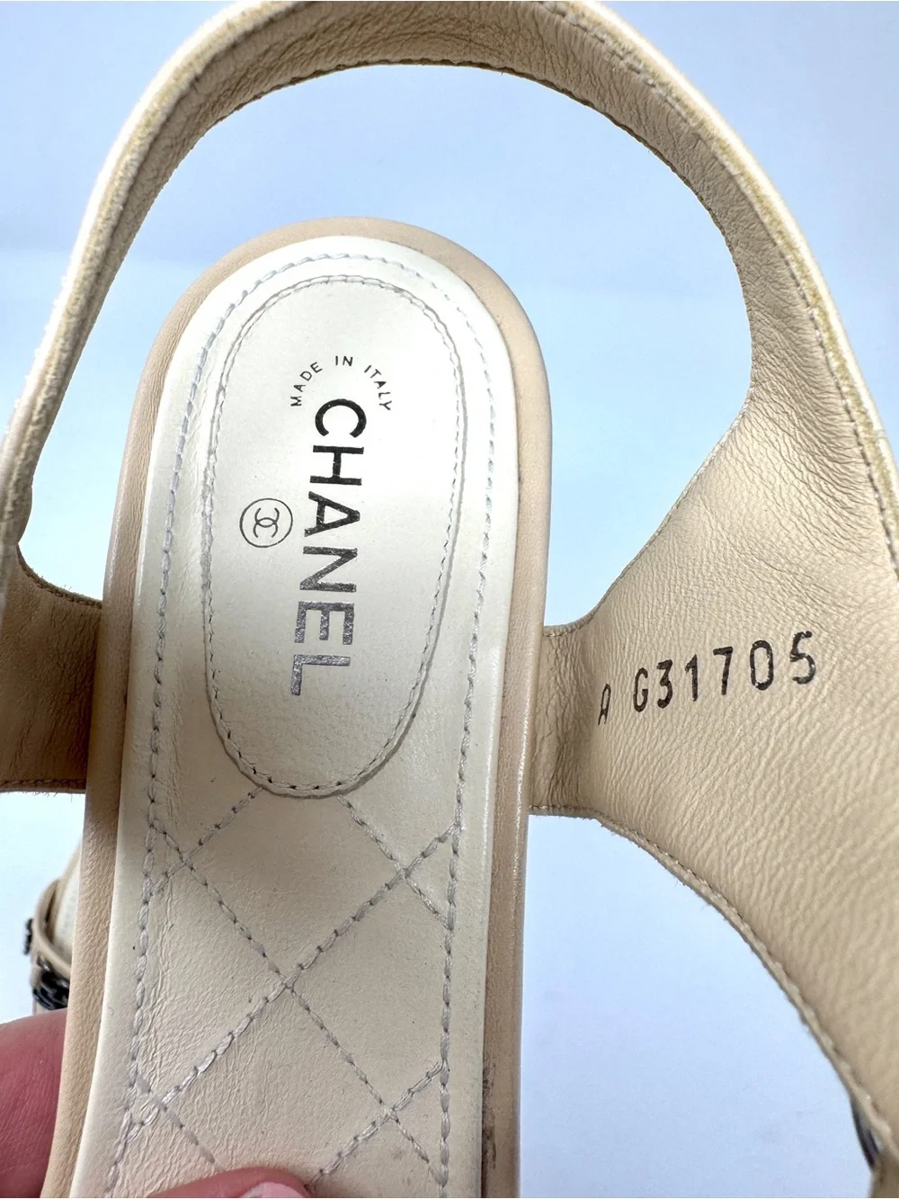 Chanel Nude Tan Beige Chain and Pearl Ankle Strap Quilted Heeled Sandals